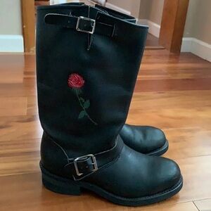 Black Leather Boots with Rose Embroidery
